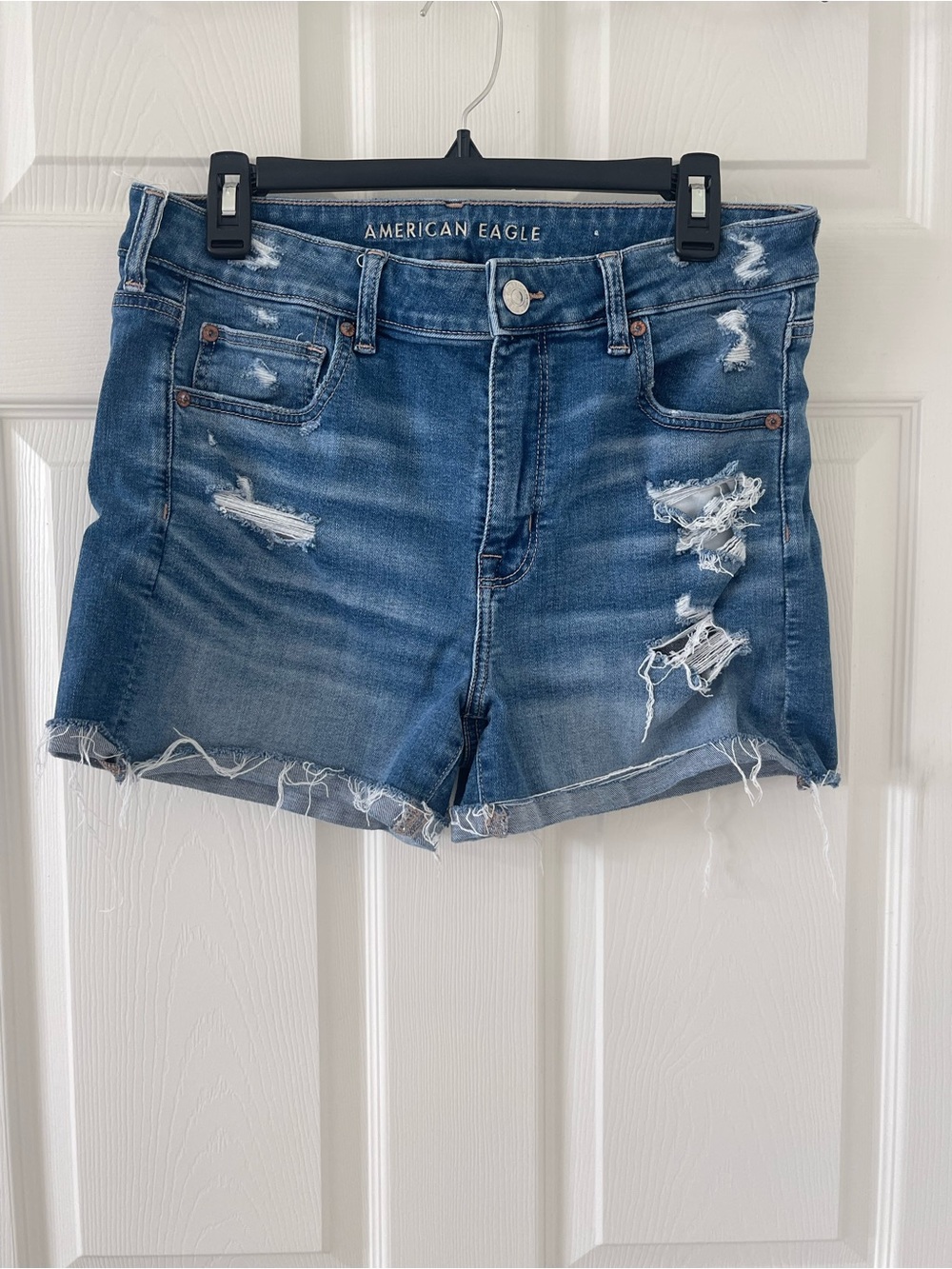 American Eagle Outfitters Distressed High-Rise Blue Denim Shorts